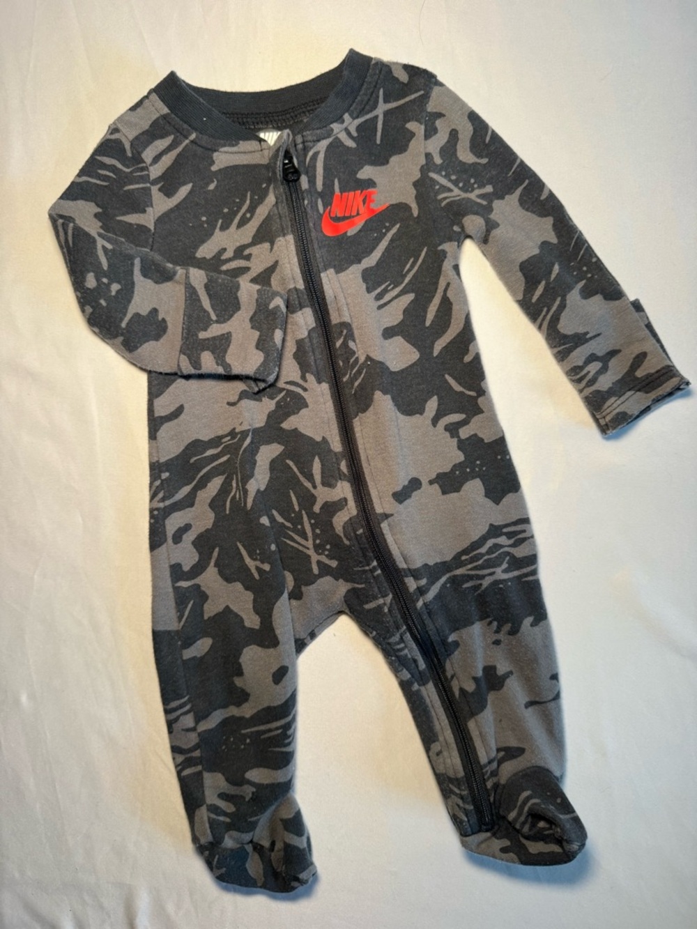 Nike Gray Camo Footed One-Piece with Red Logo